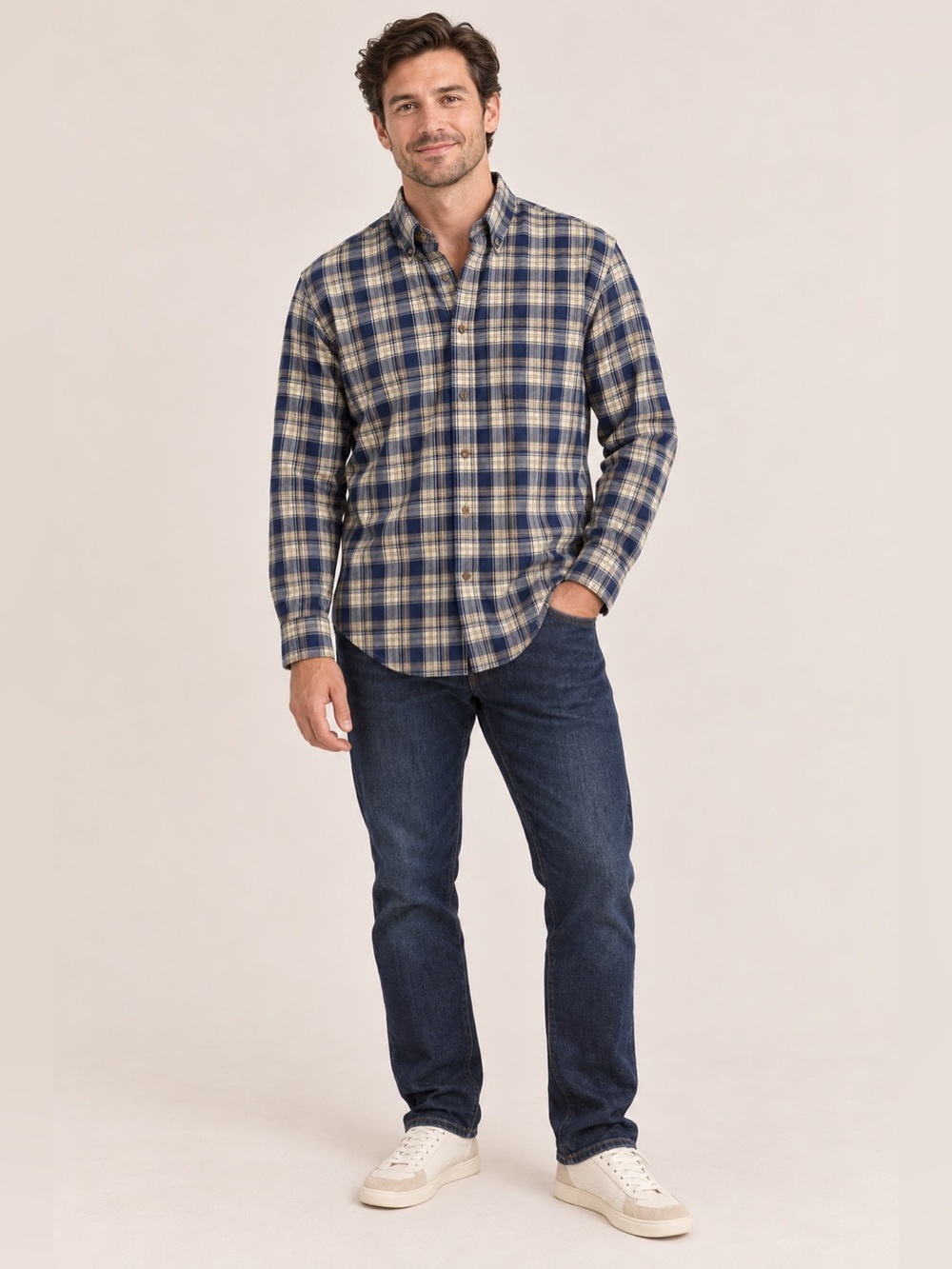 Orvis Men’s Blue Tan Plaid Long Sleeve Button Down Shirt Size S